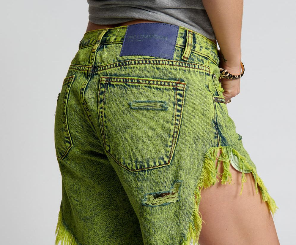 Frankies Low Waist Long Length Denim Shorts - Cyber Lime