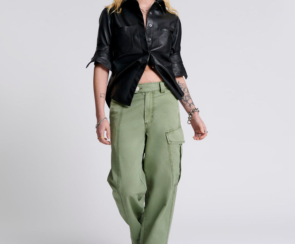 New Fiction Low Waist Wide Leg Cargo Denim Jeans - Khaki