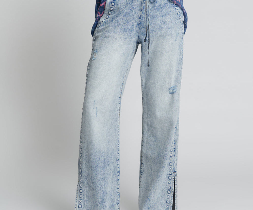 RIVETED ROADHOUSE WIDE LEG DRAWSTRING JEANS