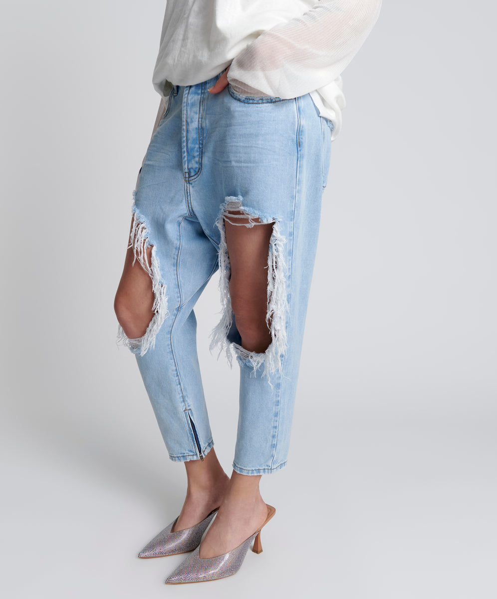 Kingpins Low Waist Cropped Boyfriend Denim Jeans - Blue