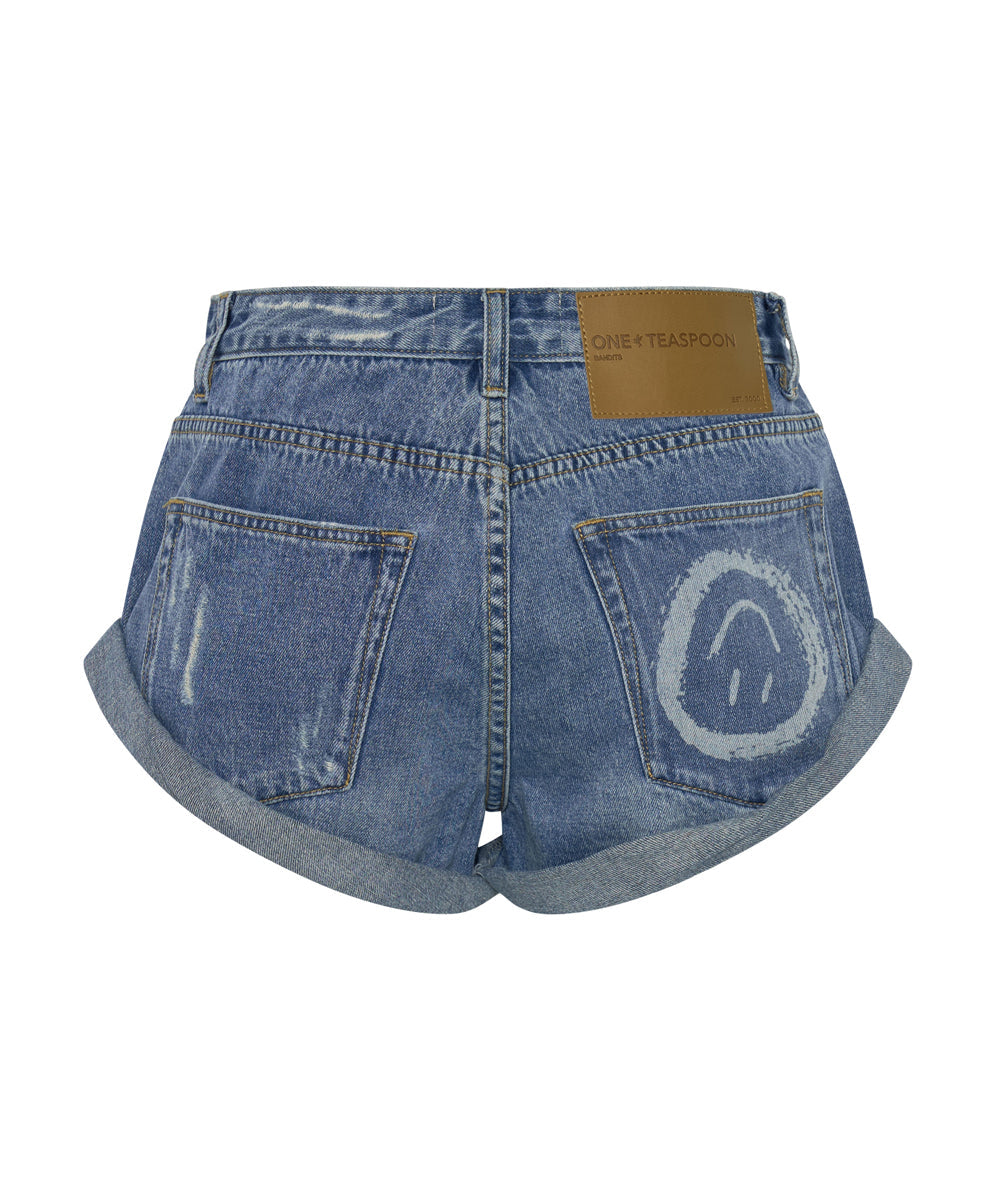 Bandits Low Waist Denim Shorts - Pacifica Blue Smile Print Bandits Low Waist Denim Shorts - Pacifica Blue Smile Print