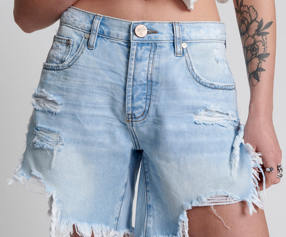 Frankies Low Waist Long Length Denim Shorts Blue Latte One