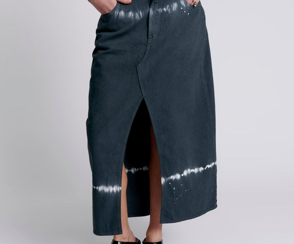 Rocko Mid Waist Long Length Denim Skirt - Black Magic
