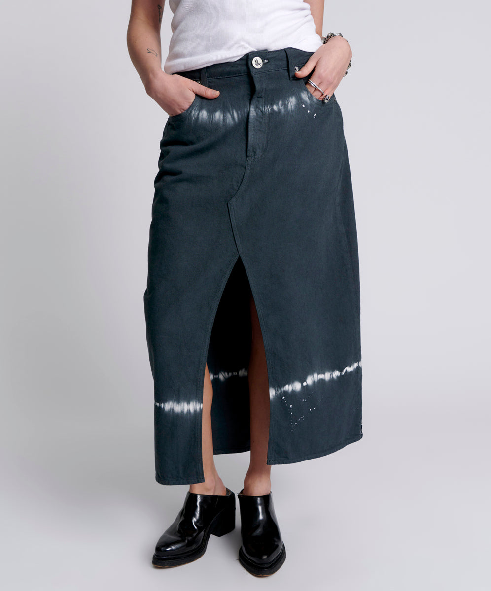 Outlet Sale Women's Denim Skirts Rocko Mid Waist Long Length Denim Skirt - Black Magic
