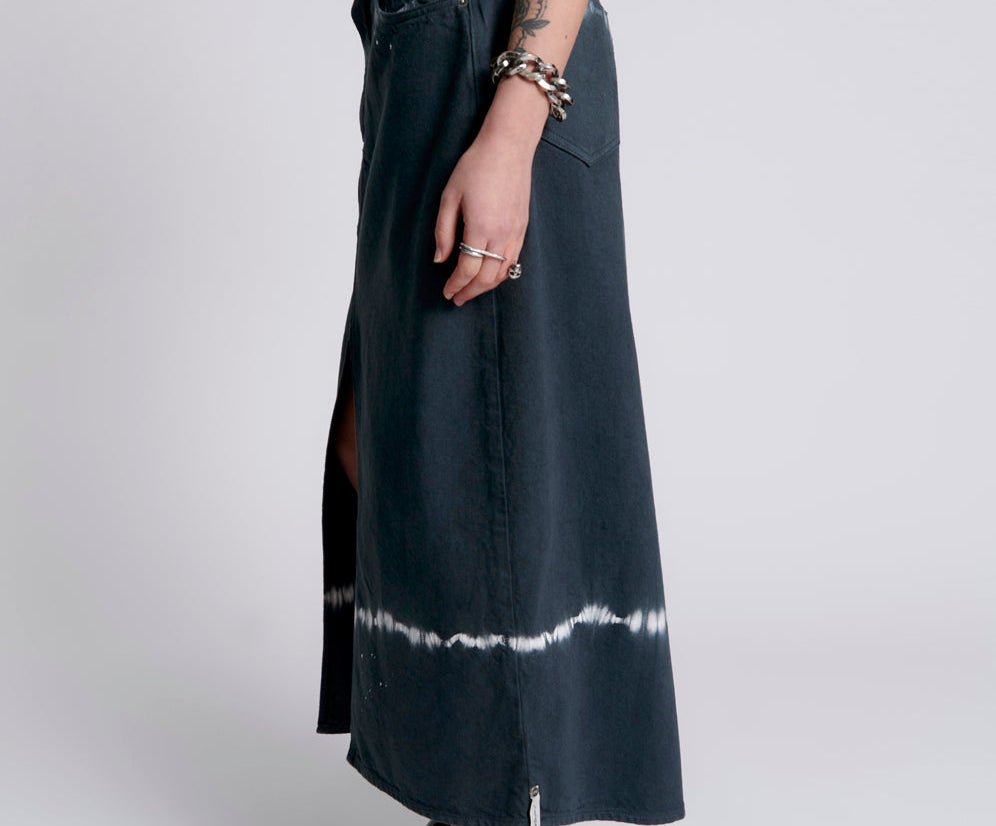 Rocko Mid Waist Long Length Denim Skirt - Black Magic