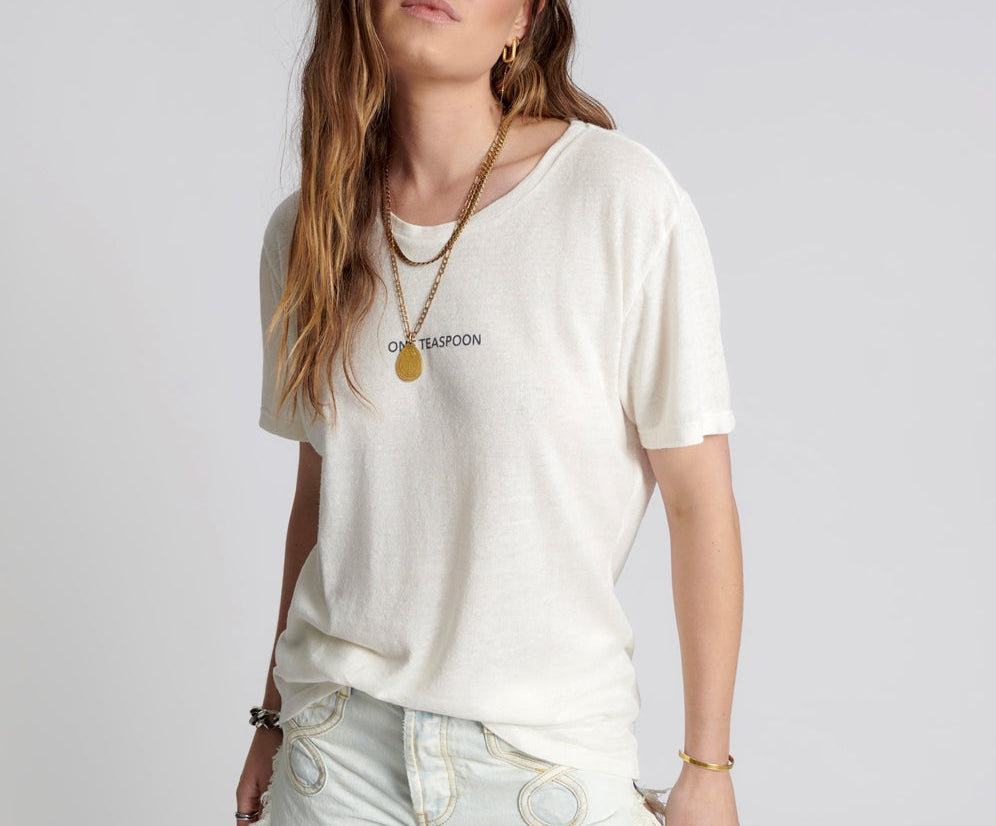 ONE TEASPOON LINEN WIDE NECK TEE WHITE