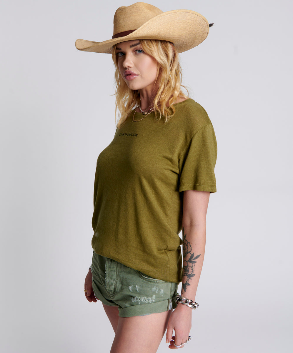 Products ONE TEASPOON LINEN WIDE NECK TEE KHAKI