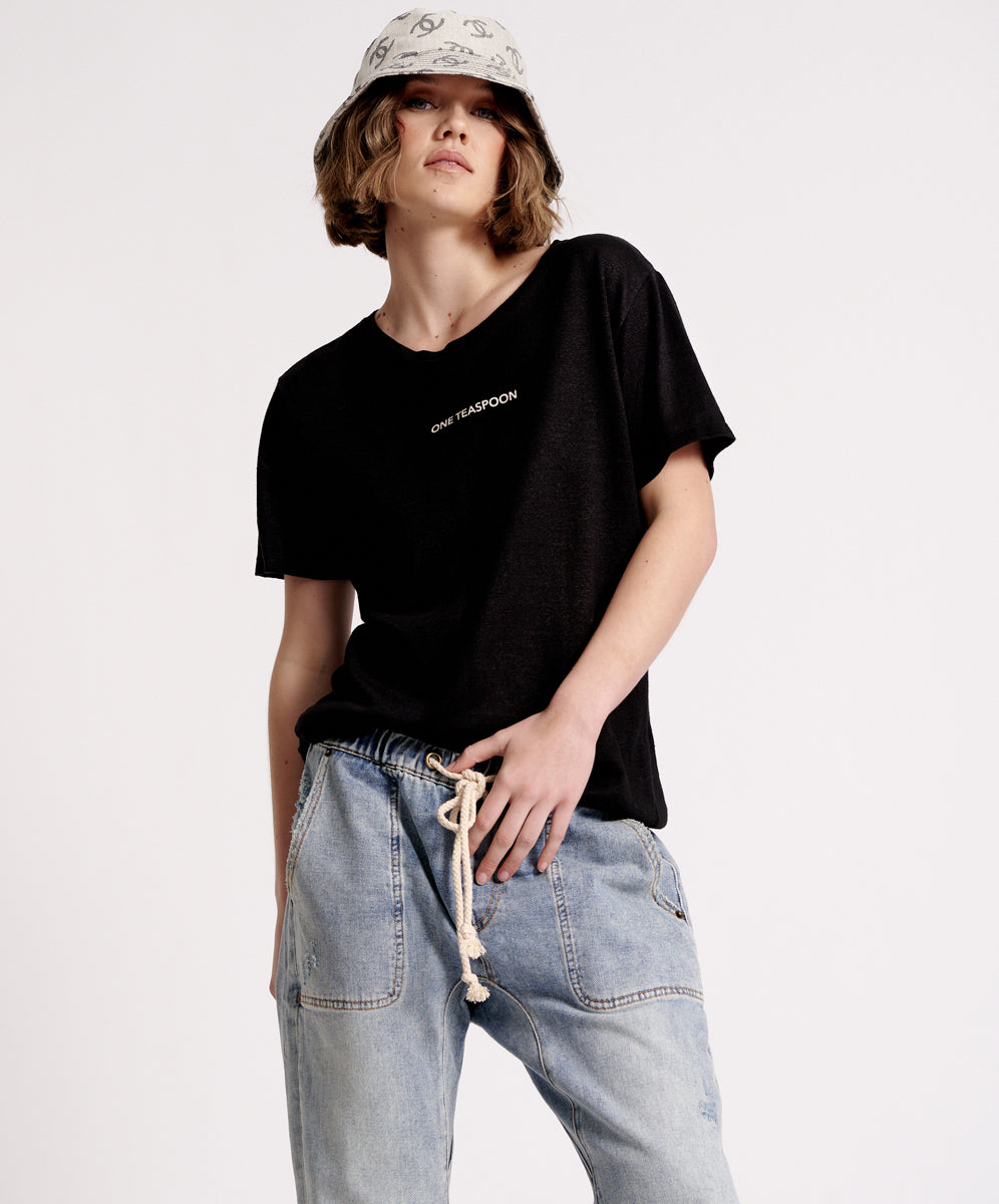 Products ONE TEASPOON LINEN WIDE NECK TEE BLACK