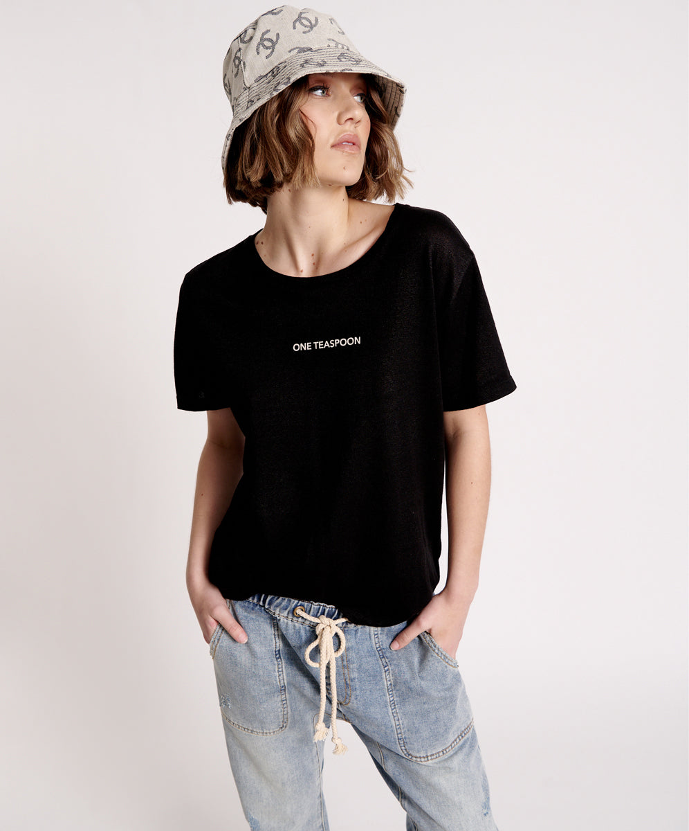 Products ONE TEASPOON LINEN WIDE NECK TEE BLACK