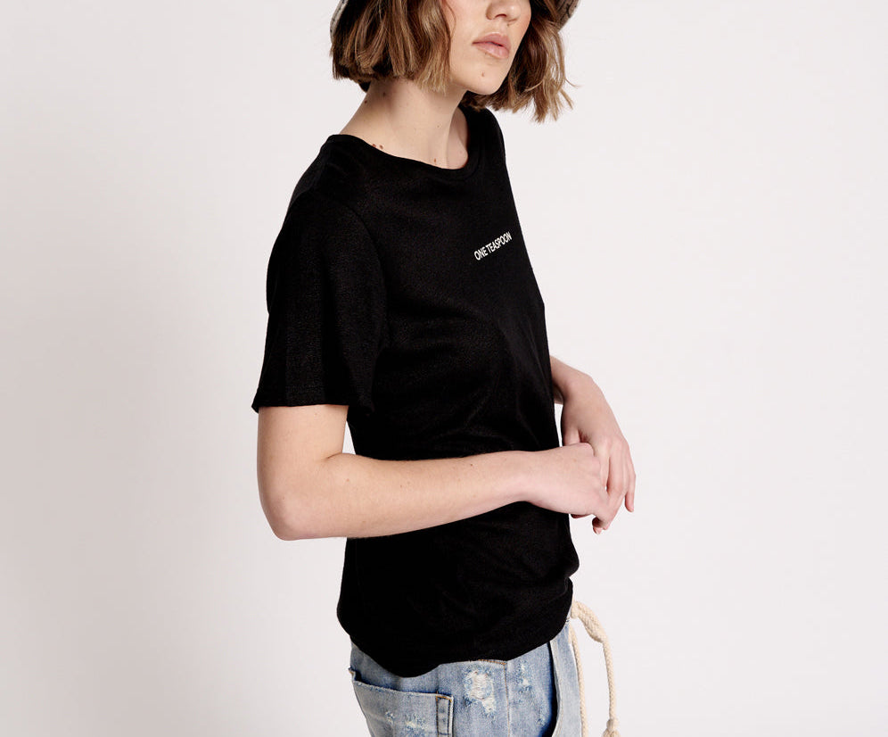 ONE TEASPOON LINEN WIDE NECK TEE BLACK