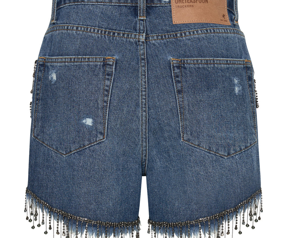 RAZZLE DAZZLE TRUCKERS MID WAIST RELAXED SHORTS BLUE
