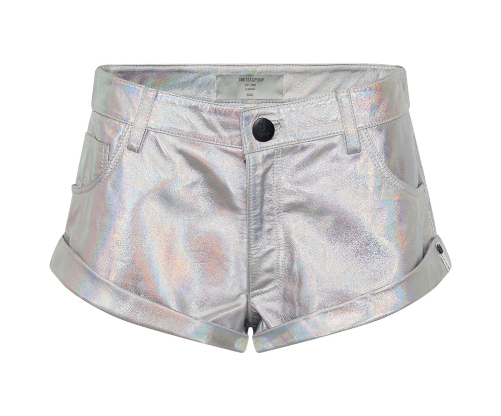 Revenge Metallic Low Waist Bandits Leather Shorts - Silver