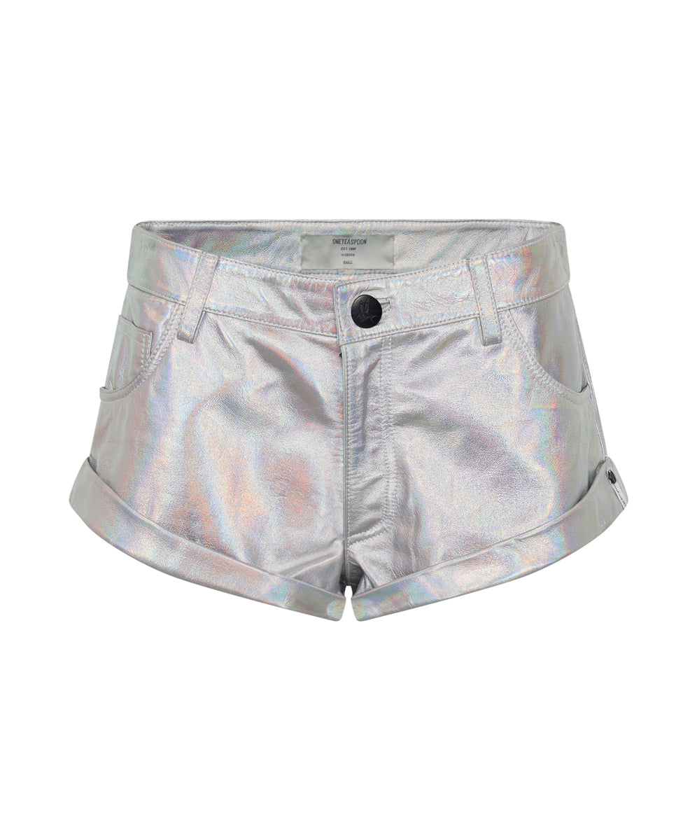 Products Revenge Metallic Low Waist Bandits Leather Shorts - Silver