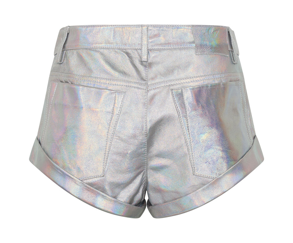 Revenge Metallic Low Waist Bandits Leather Shorts - Silver