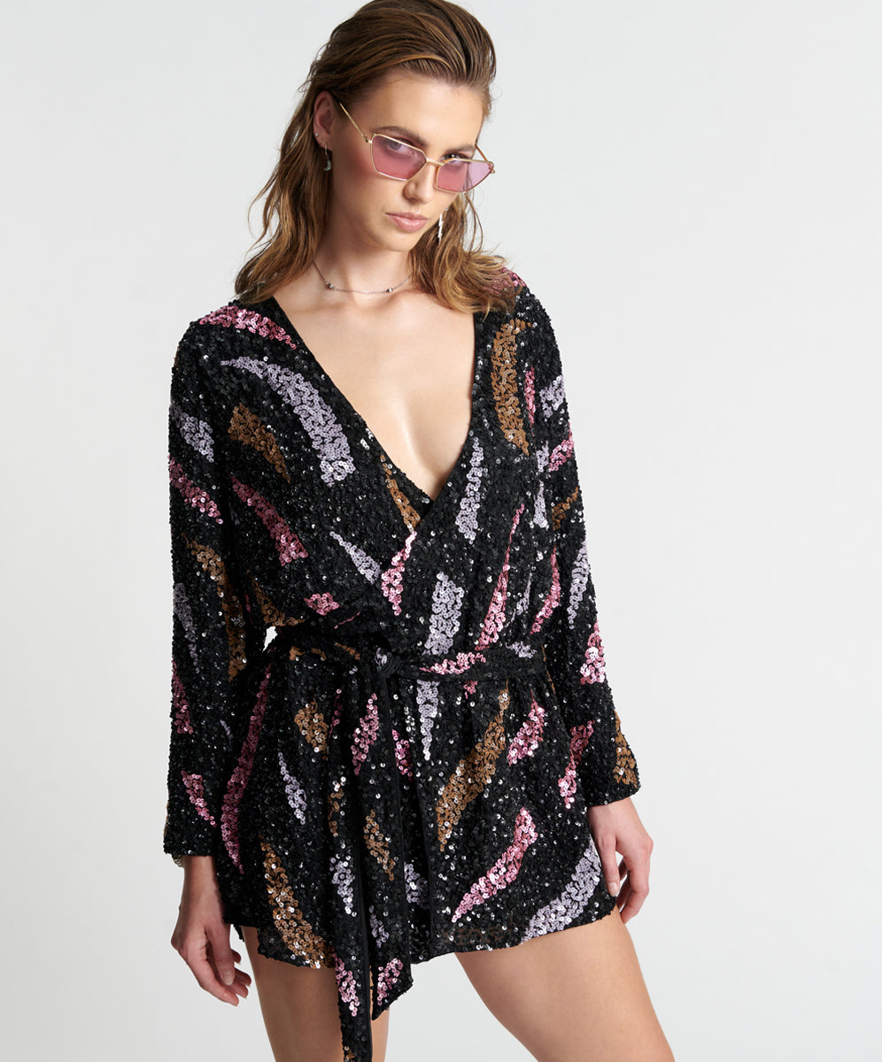 Delusion Hand Beaded Wrap Mini Dress Black