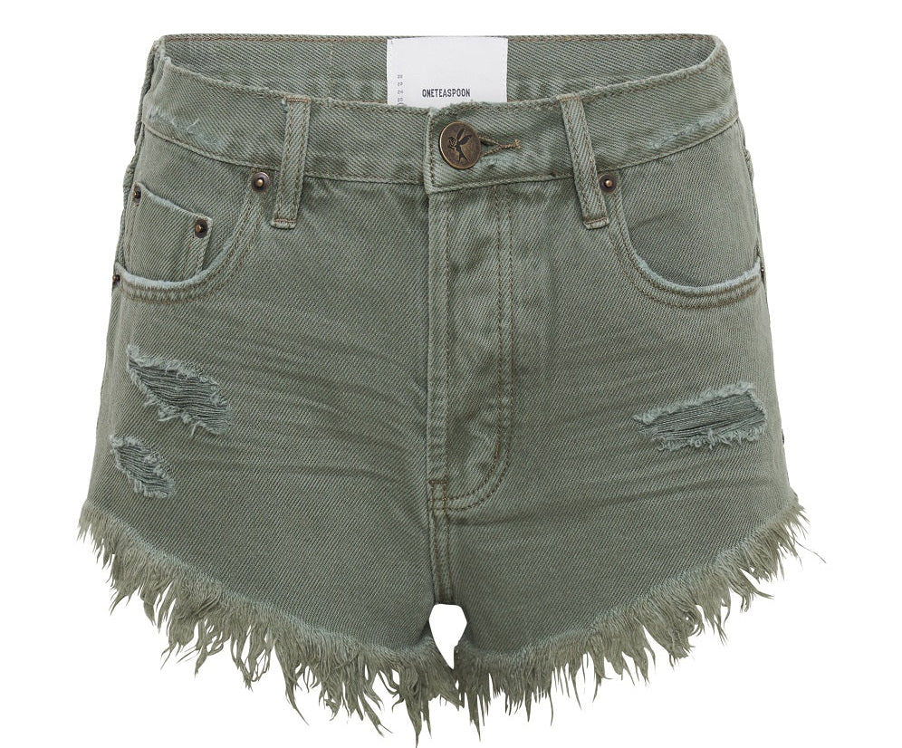 MILITARY KHAKI OUTLAWS MID LENGTH DENIM SHORTS