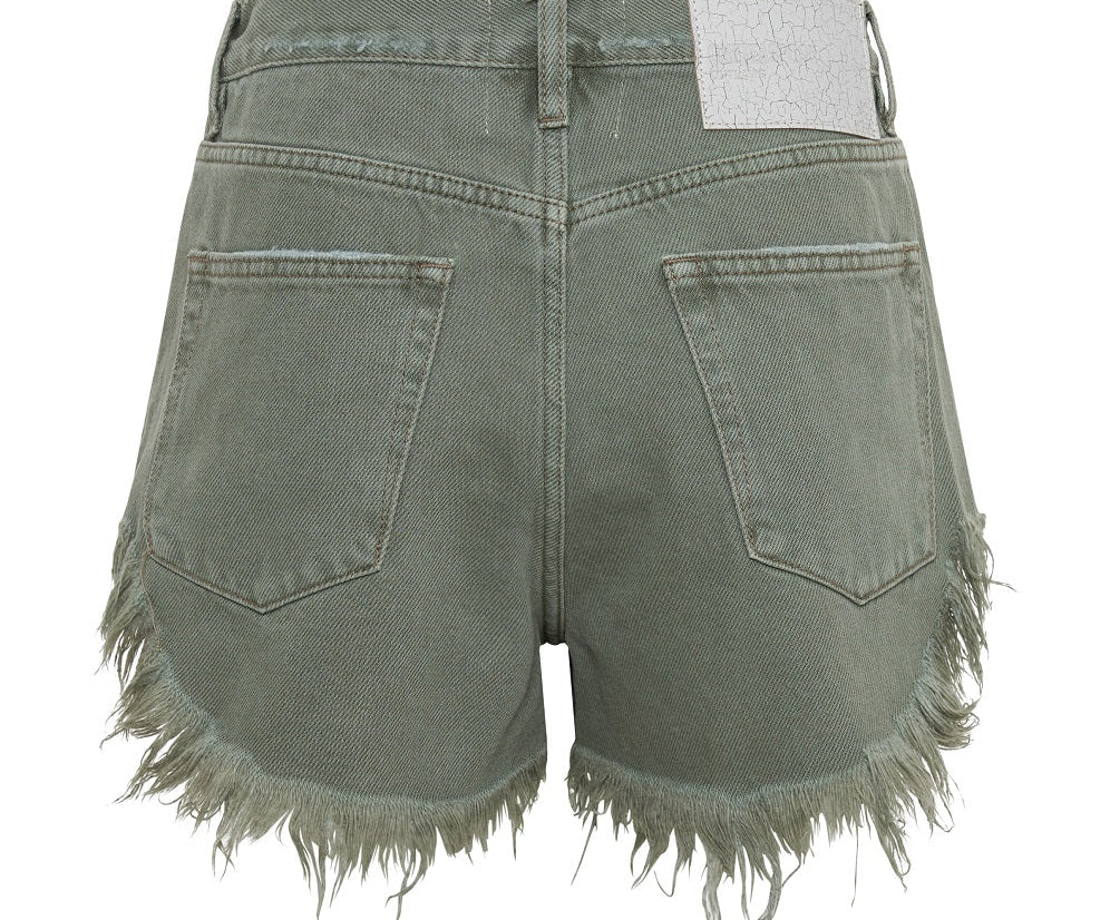 MILITARY KHAKI OUTLAWS MID LENGTH DENIM SHORTS