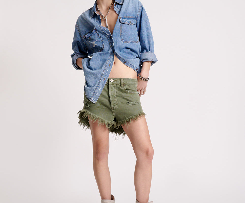 MILITARY KHAKI OUTLAWS MID LENGTH DENIM SHORTS