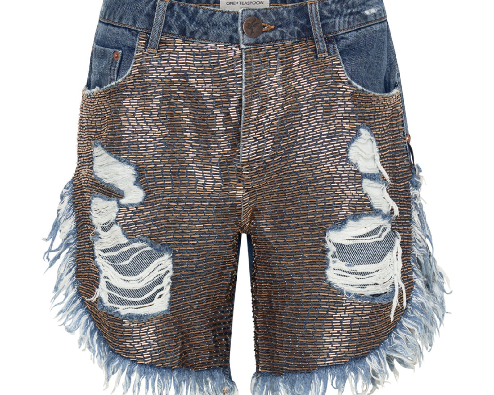 Frankies Low Waist Long Length Denim Shorts - Embellished Blue