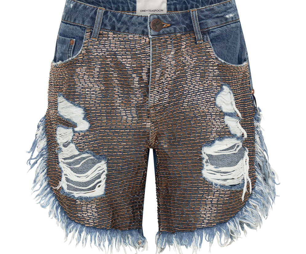 Frankies Low Waist Long Length Denim Shorts - Dark Blue Wash