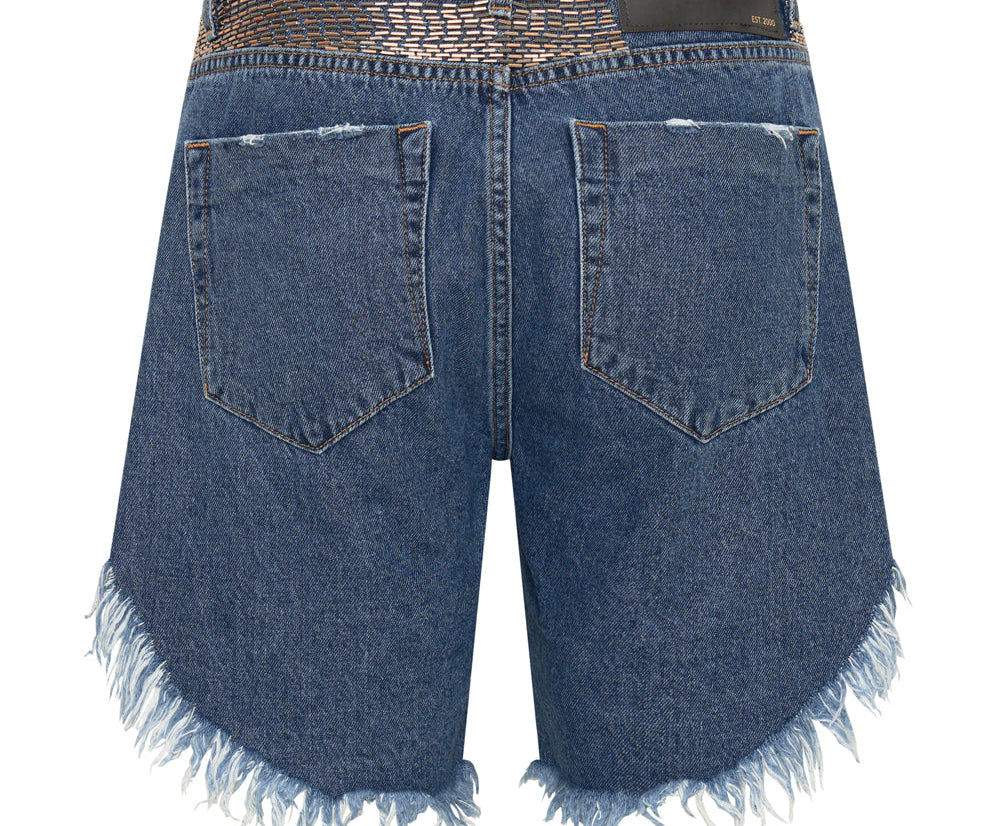 Frankies Low Waist Long Length Denim Shorts - Dark Blue Wash