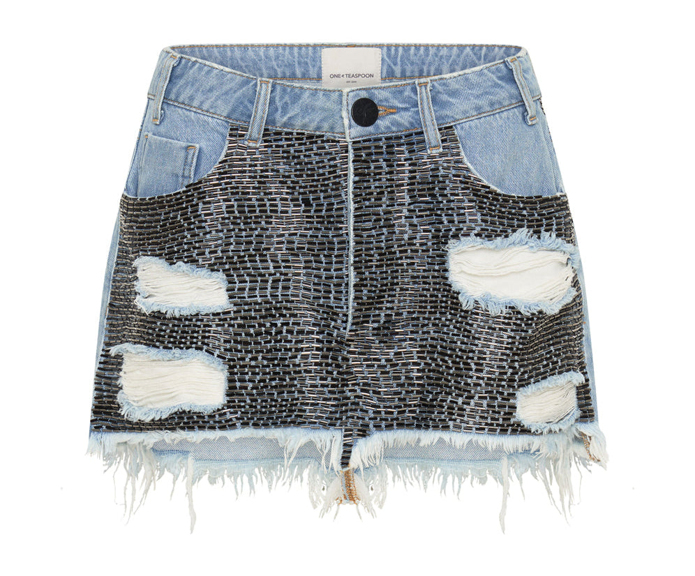 RAILED SEQUIN JUNKYARD LOW WAIST DENIM SKIRT