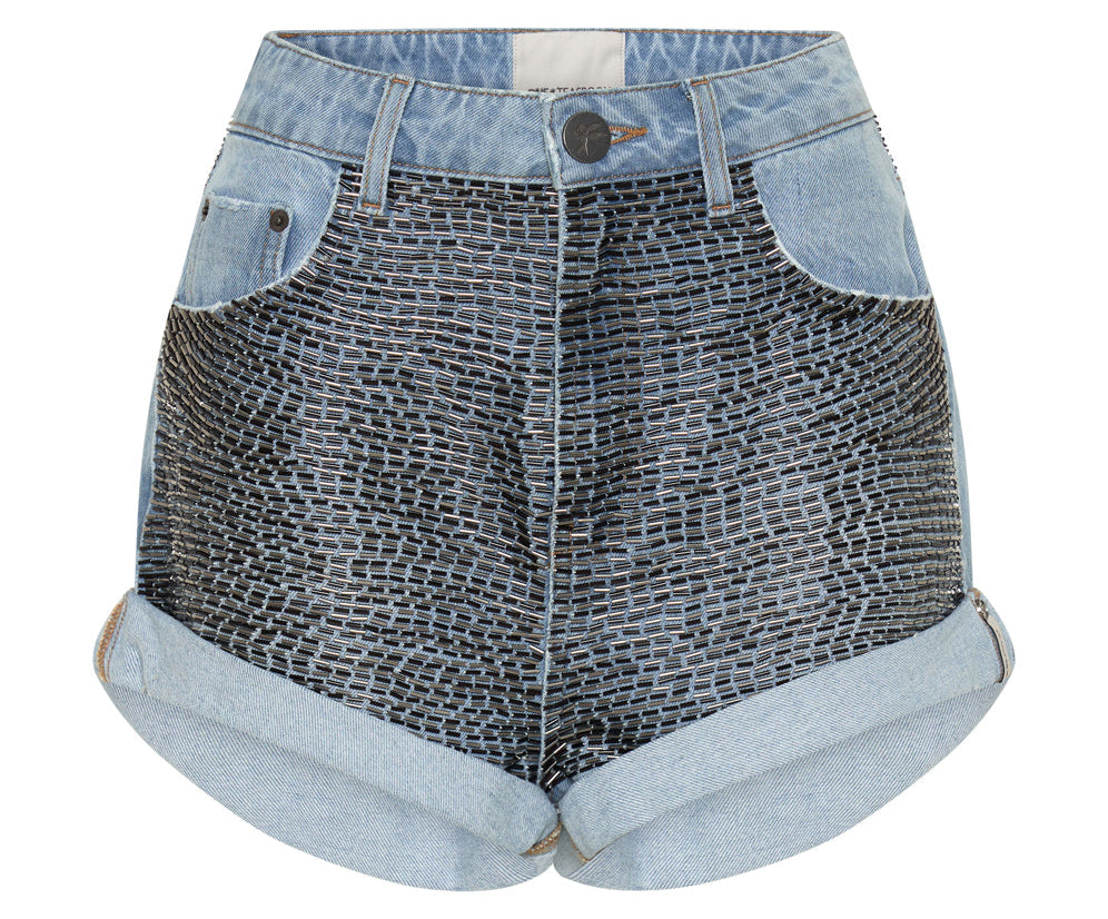 Bandits High Waist Sequin Denim Shorts - Mid Blue