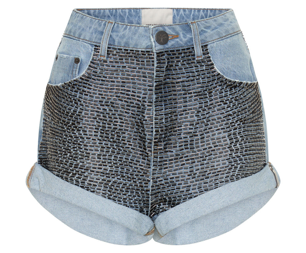 RAILED SEQUIN BANDITS HIGH WAIST DENIM SHORTS