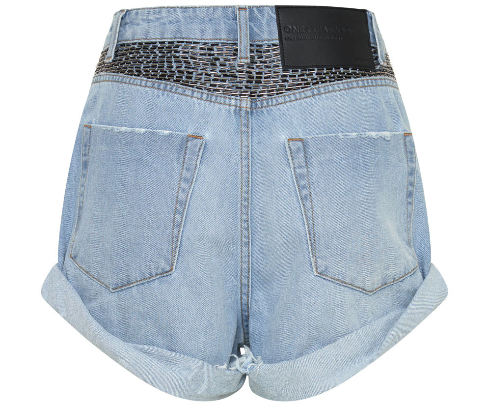 RAILED SEQUIN BANDITS HIGH WAIST DENIM SHORTS