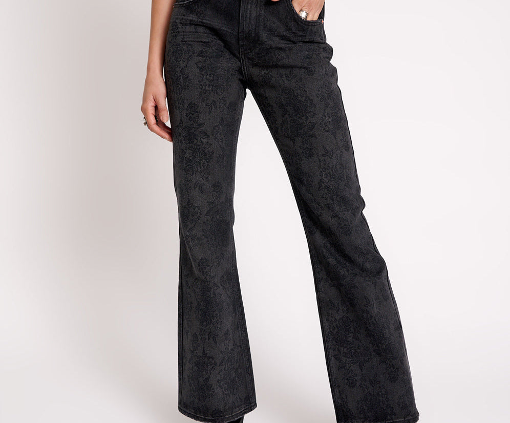 Charlie High Waist Slim Flared Denim Jeans - Black Lace