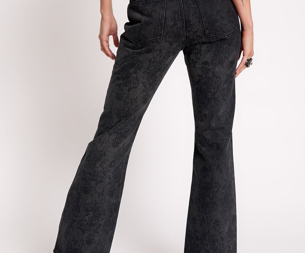 Charlie High Waist Slim Flared Denim Jeans - Black Lace