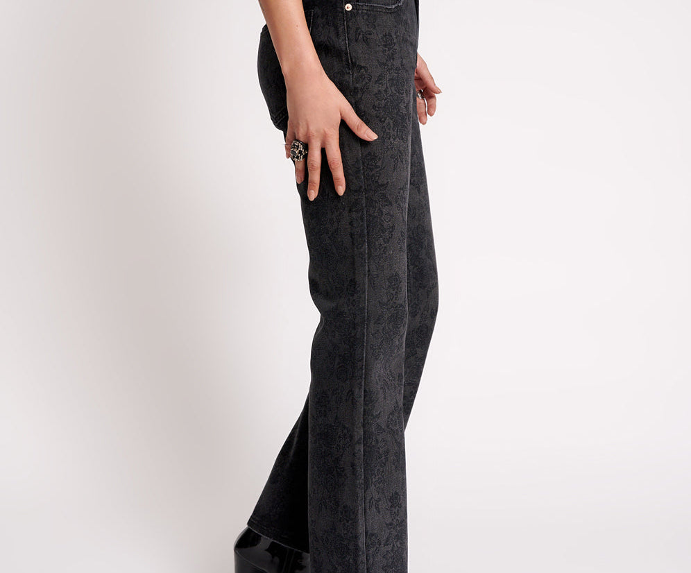 Charlie High Waist Slim Flared Denim Jeans - Black Lace