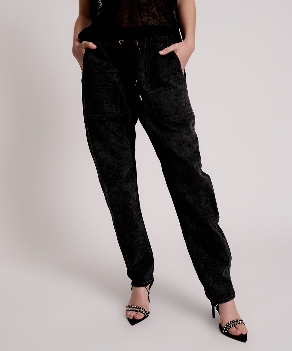 Shabbies Low Waist Drawstring Boyfriend Denim Jeans Black Lace