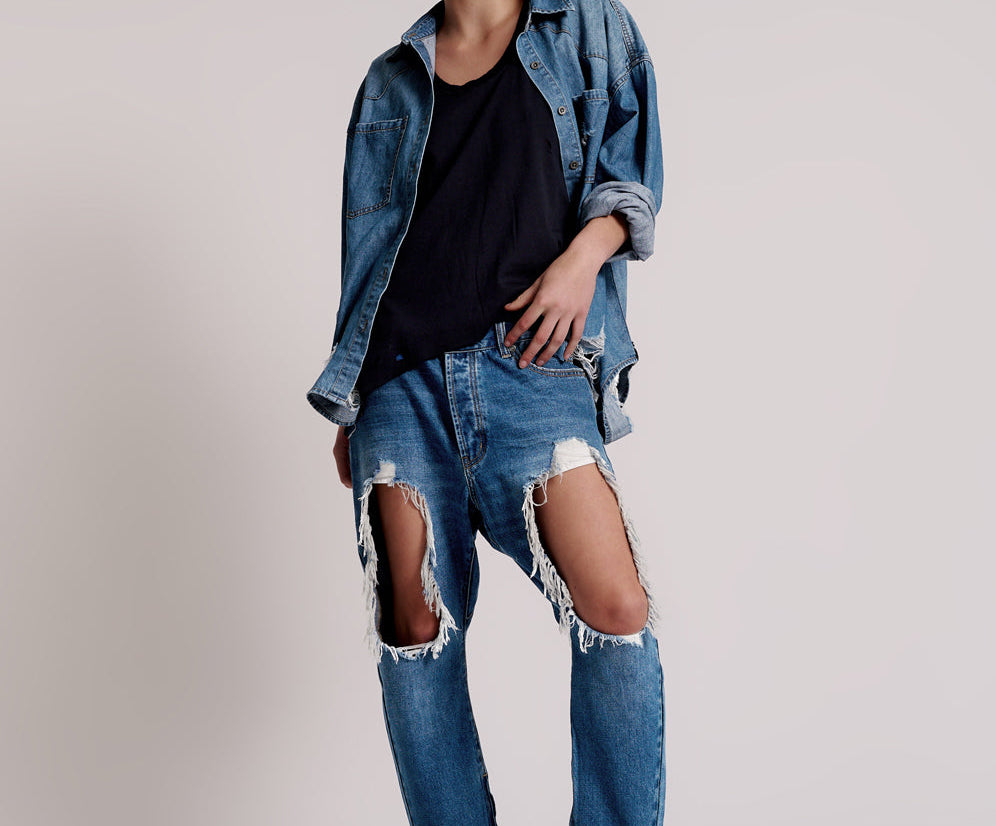 Kingpins Low Waist Cropped Boyfriend Denim Jeans - Bay Blue