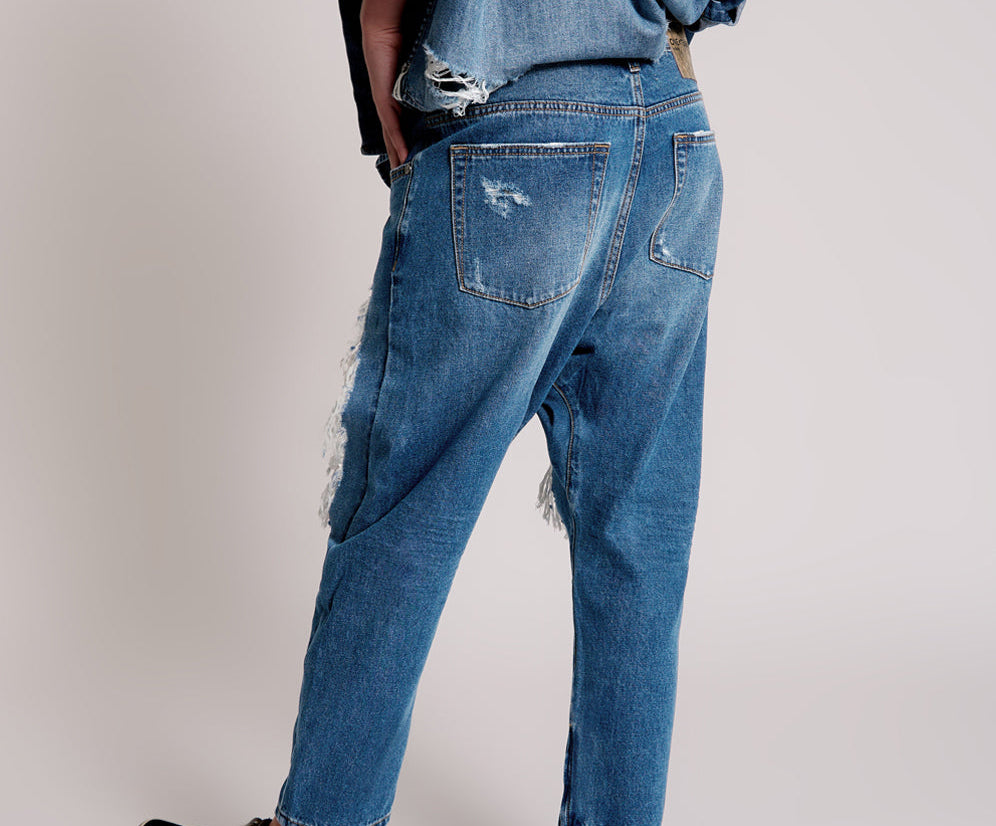 Kingpins Low Waist Cropped Boyfriend Denim Jeans - Bay Blue