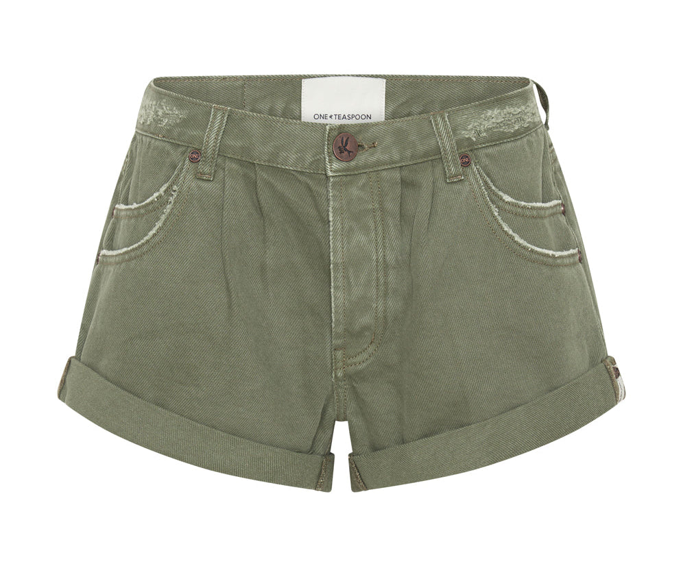 MILITARY KHAKI SMITHS TAILORED LOW WAIST DENIM SHORTS