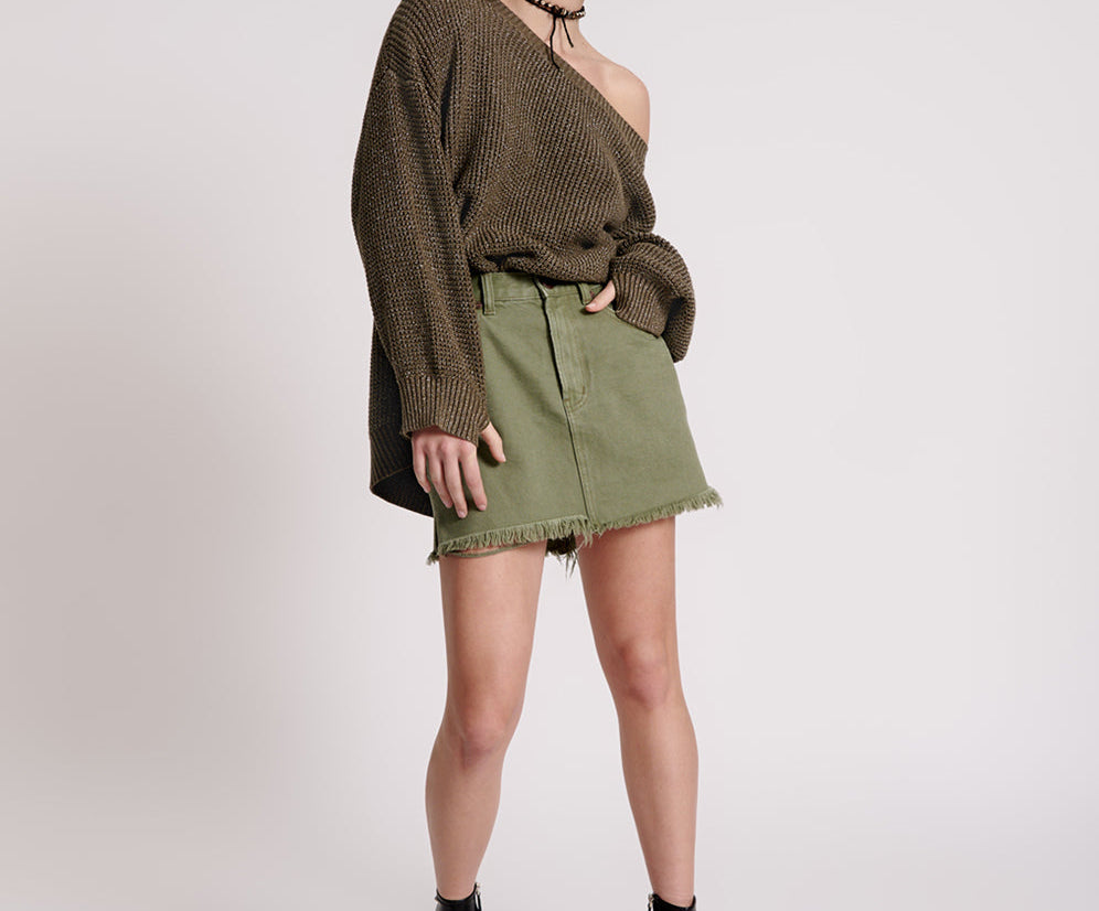 2020 High Waist Mini Denim Skirt - Military Khaki