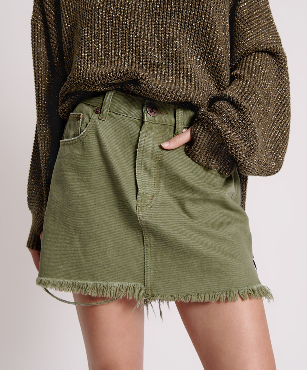 Outlet Sale Women's Denim Skirts 2020 High Waist Mini Denim Skirt - Military Khaki