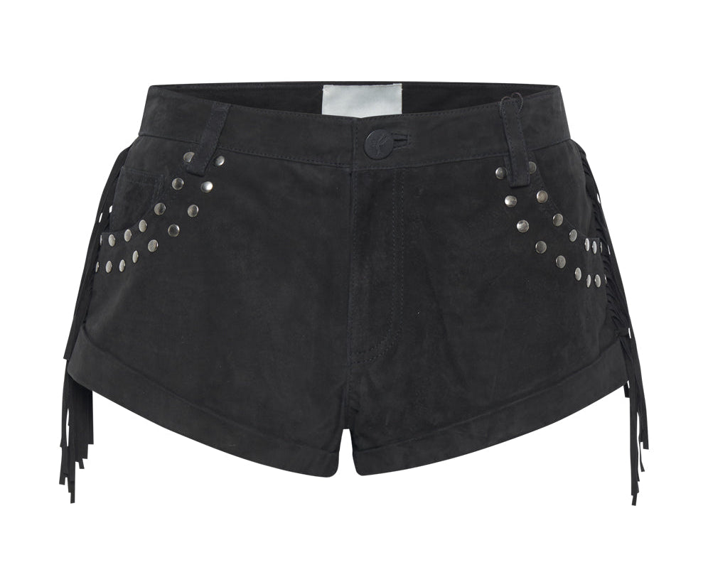 GOTHIC RODEO FRINGED SUEDE STUDDED BANDITS LOW WAIST SHORTS