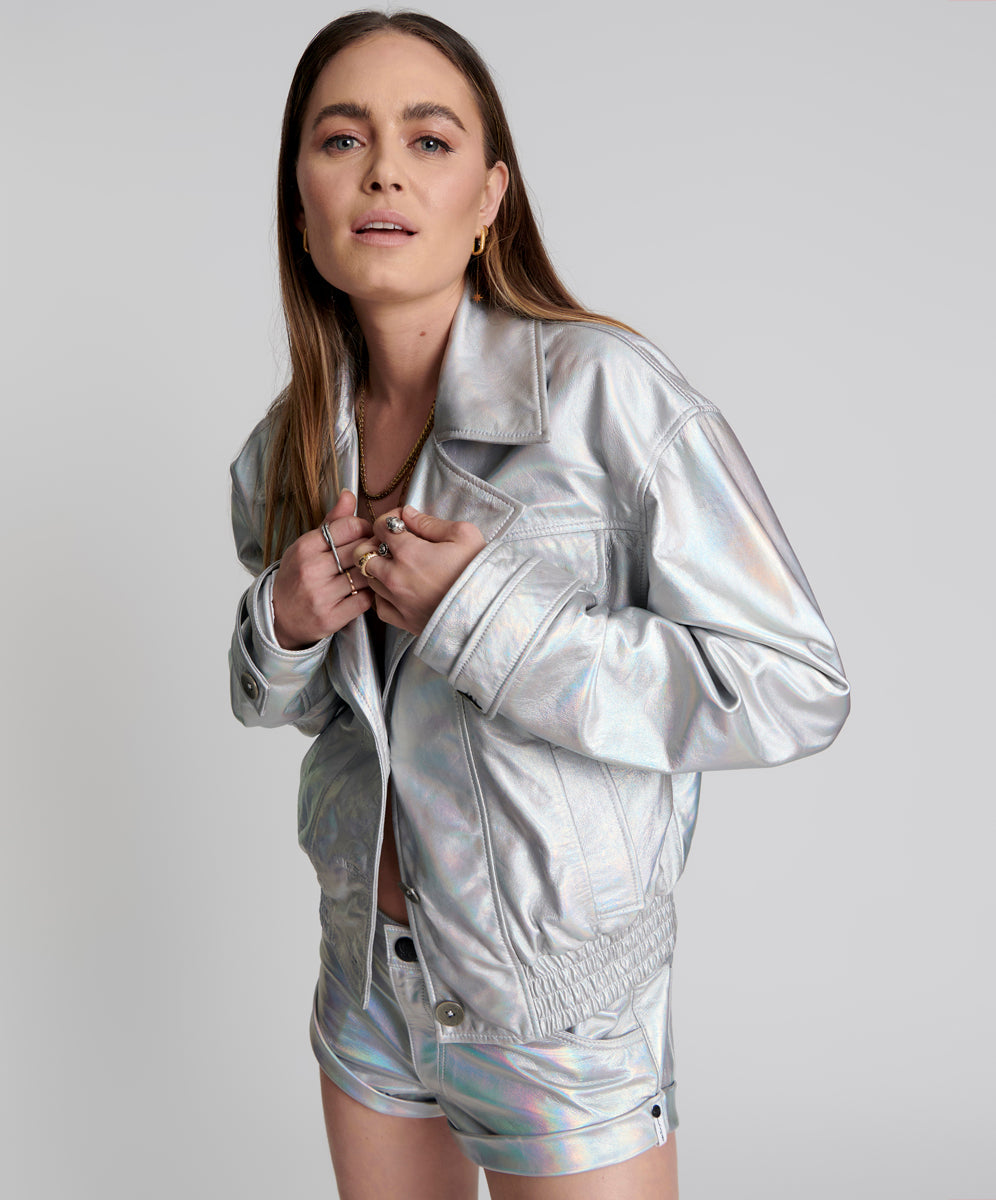 Products REVENGE METALLIC LEATHER BOMBER JACKET