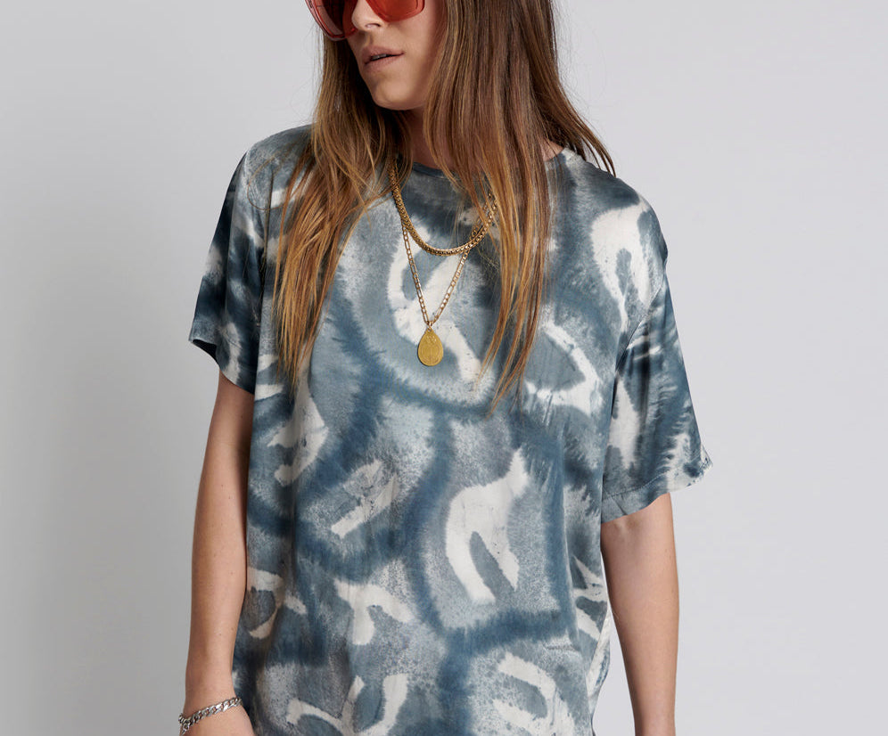 Reflection Hand Printed Satin Tee - Black