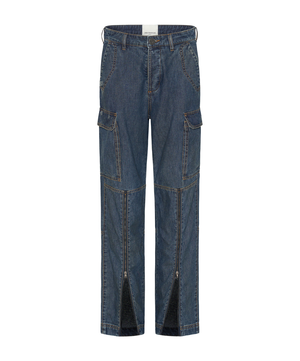 Zipped Cargo Motion Denim Jeans - Used Blue