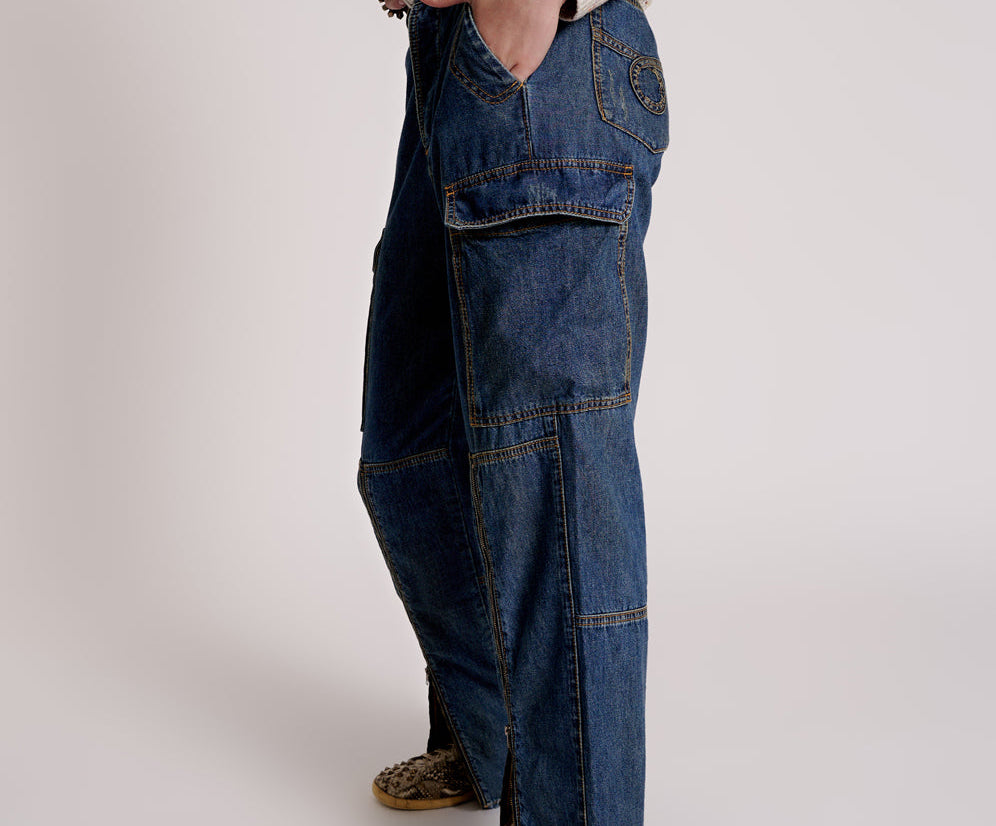 Zipped Cargo Motion Denim Jeans - Used Blue