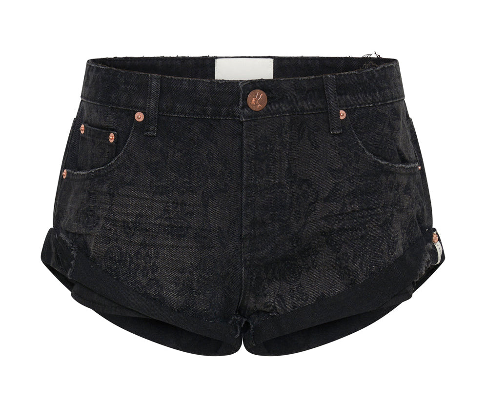 BLACK LACE BANDITS LOW WAIST DENIM SHORTS