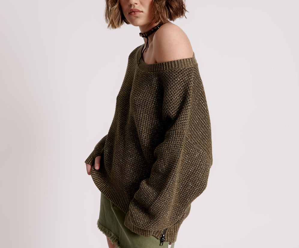 Le Freak Metallic Zipped Knit Sweater - Khaki