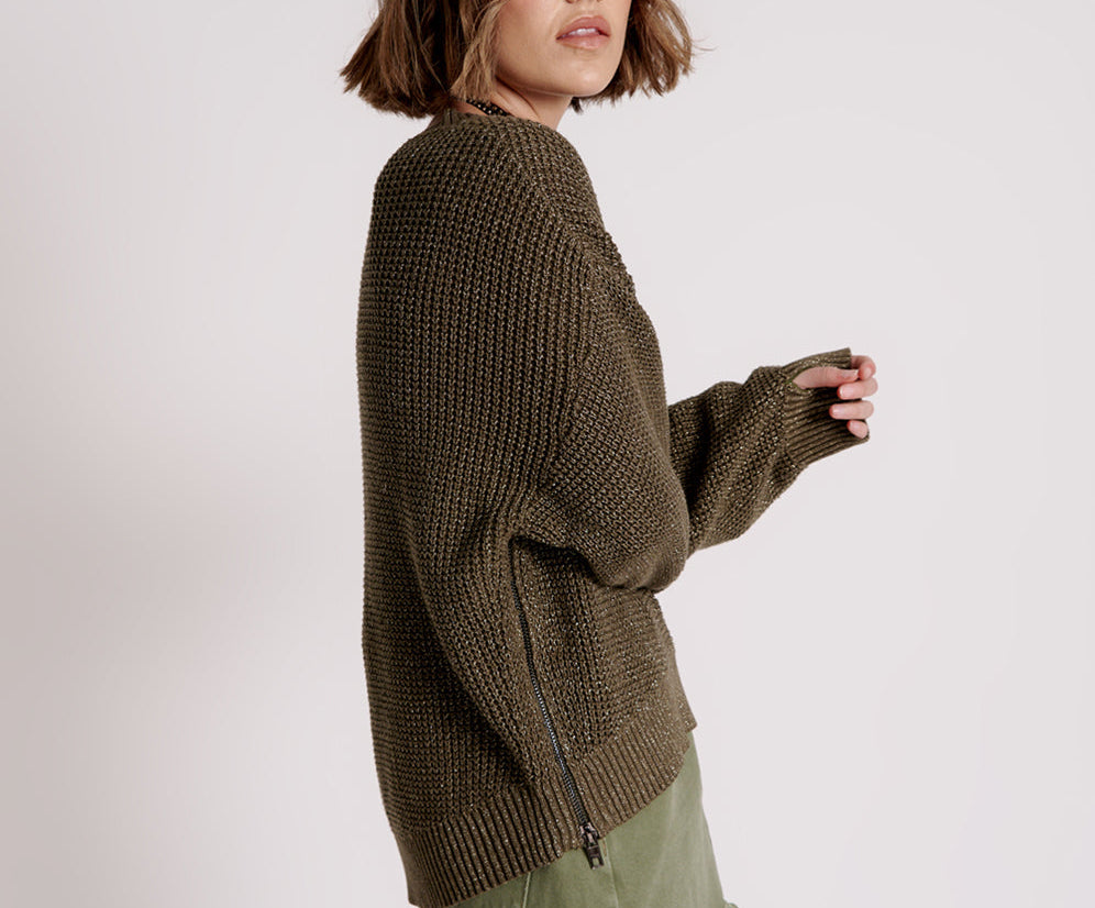 Le Freak Metallic Zipped Knit Sweater - Khaki