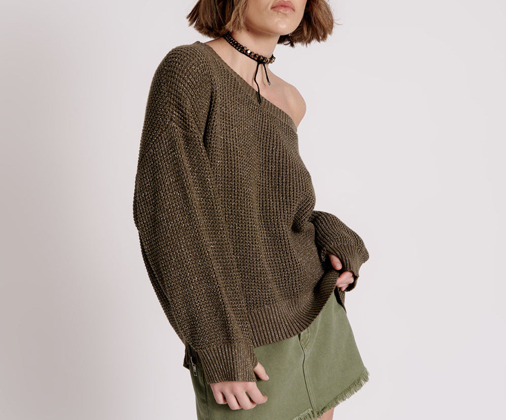 Le Freak Metallic Zipped Knit Sweater - Khaki