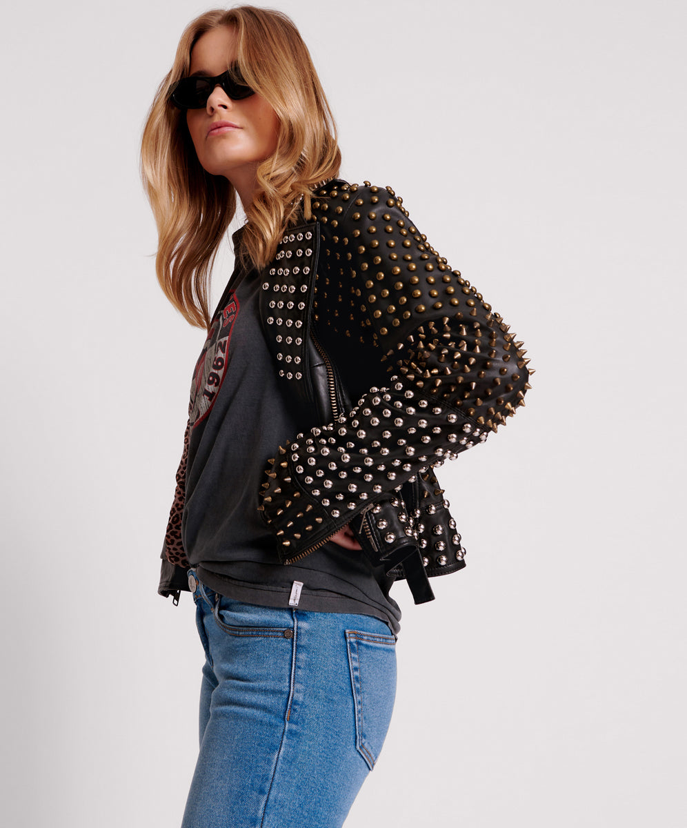 Products BLACK HELLRAISER STUDDED CROP LEATHER MOTO JACKET