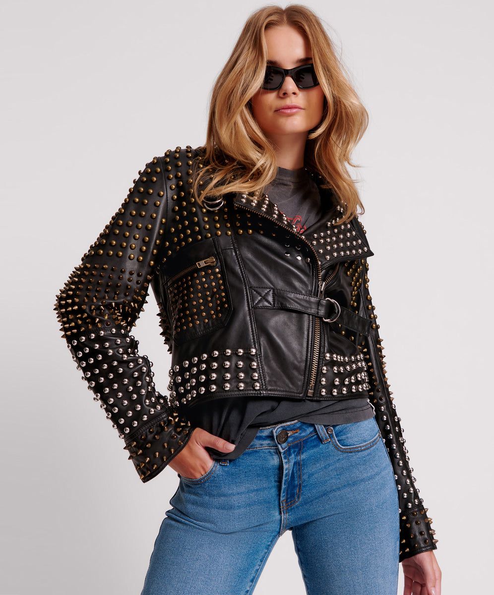 Products BLACK HELLRAISER STUDDED CROP LEATHER MOTO JACKET