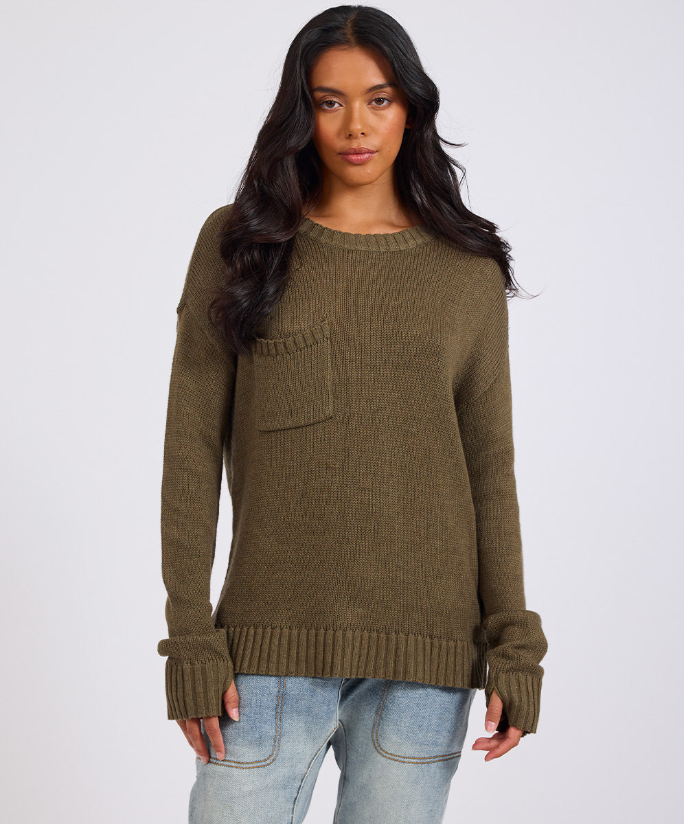 Classic Pocket Chunky Knit Sweater Khaki - Khaki